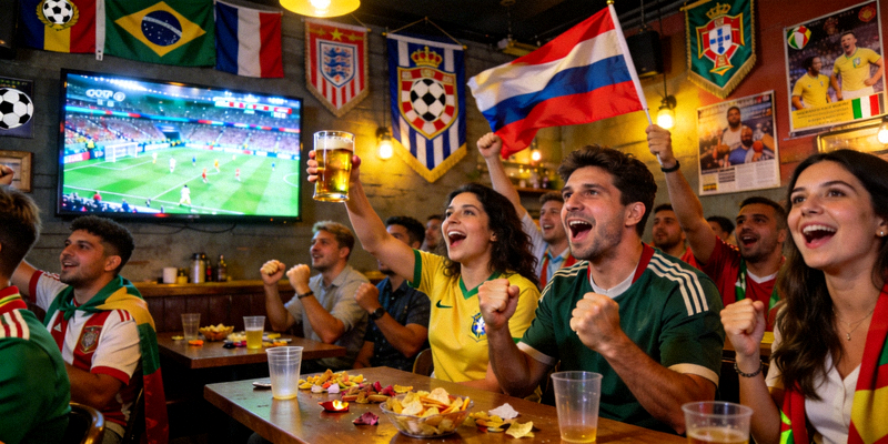 体育酒吧内众多球迷聚集观看世界杯比赛直播的热闹场景