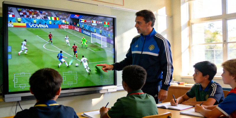 学校体育课堂上，老师利用世界杯比赛视频进行战术教学